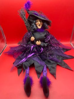 Halloween Purple Black Sitting 13” Witch Doll Long Legs READ