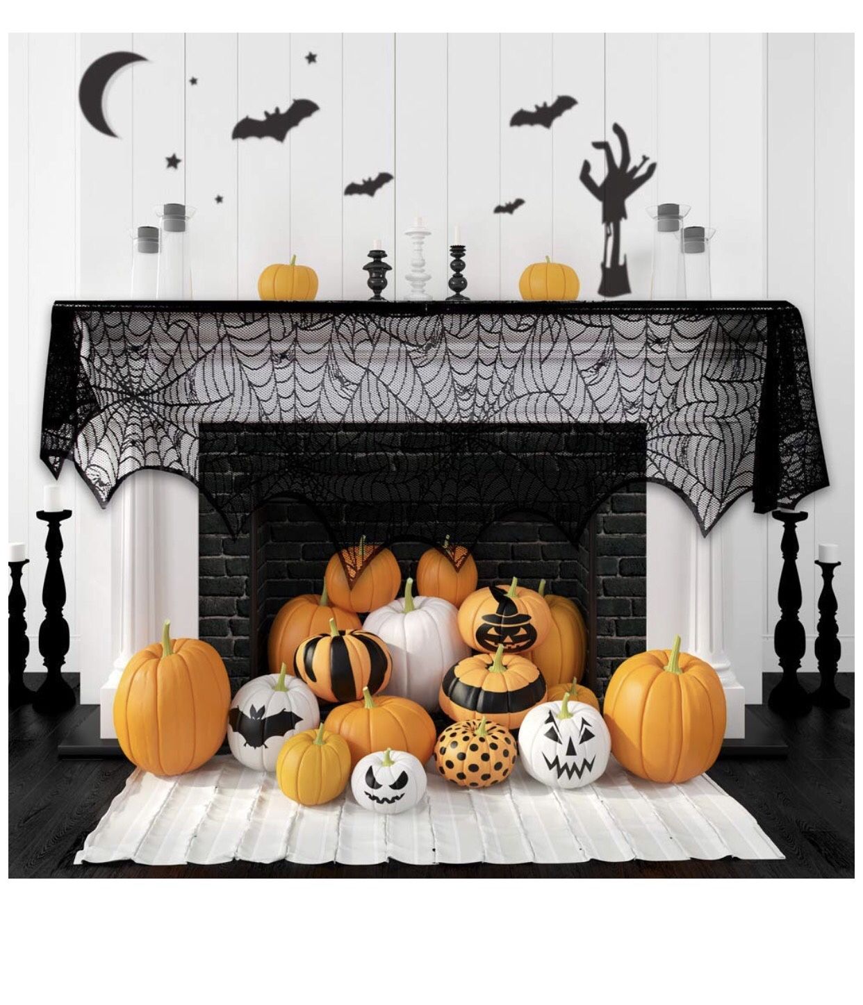 Halloween Fireplace Decoration Festive Party Supplies Lace Spiderweb Fireplace Mantle Scarf Cover Black Cobweb Fireplace Scarf Indoor Halloween Door