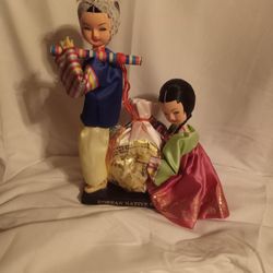 Vintage Korean Native Dolls Hanbok Pair Flute Fortune Pouch 1970s