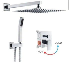 Zalerock Rain Square Single Handle 1-Spray Shower Faucet 1.8 GPM w/ Valve 12in. Dual Shower Heads Shower System in Chrome