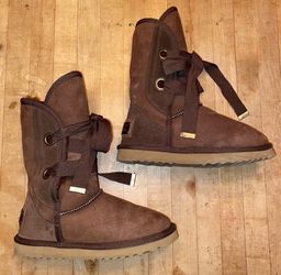 Love Collective Australia Women US 6.5 Sheepskin Lined Brown Ribbon Tie Boots EC