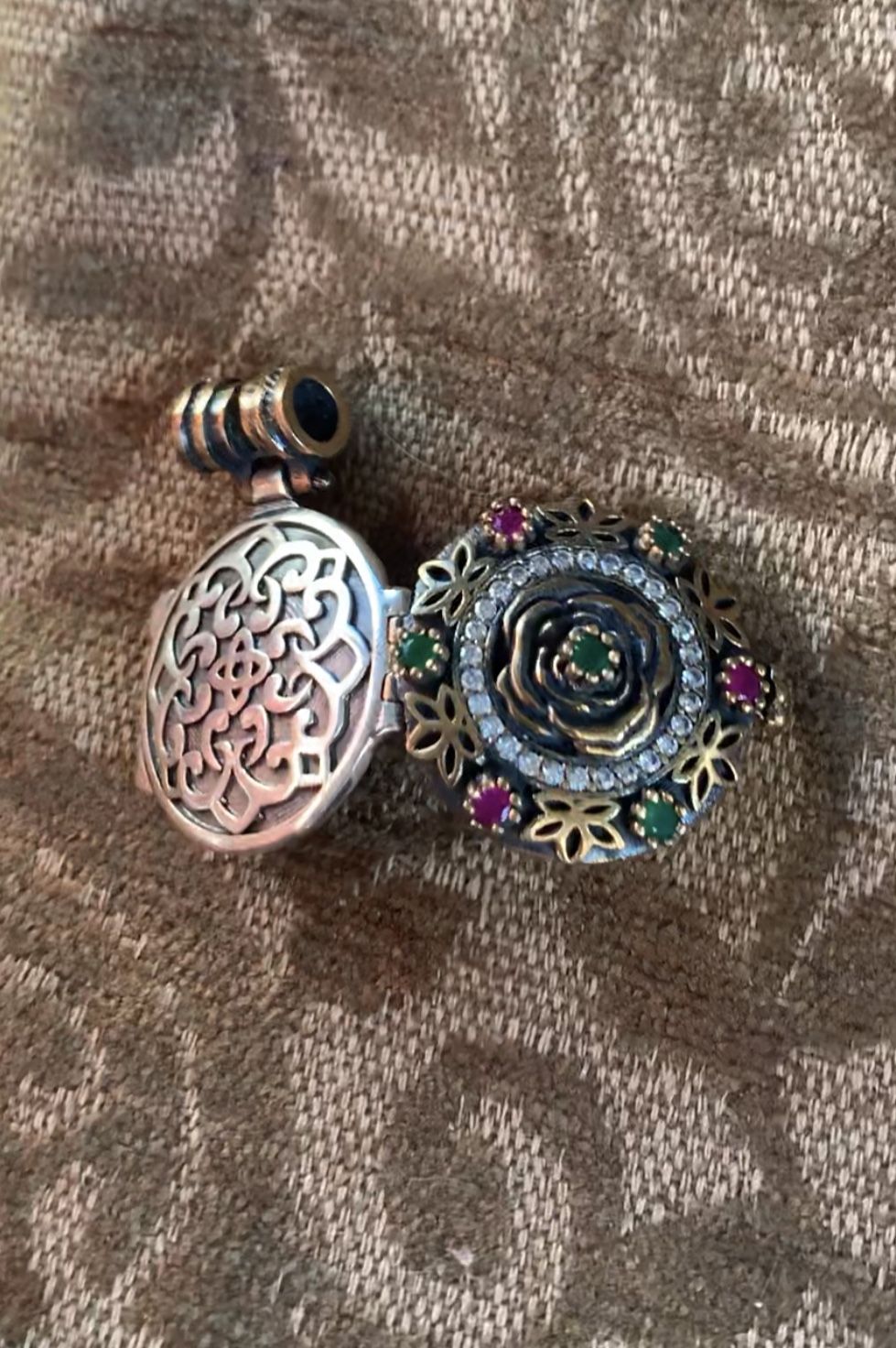 Antique Style Ruby & Emerald Topaz Silver Locket Pendant with Celtic Infinity Knots, Lotus & Rose Motif Floral Design