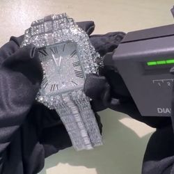 Iced Out Moissanite Santos Style Watch – 925 Silver – Fully Flooded Diamond Look