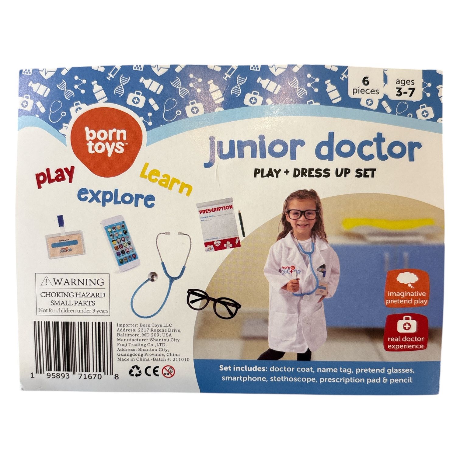 Born Toys Junior Doctor Kit for Kids Ages 3-7 Pretend Dress Up EUC