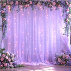 10ft X 10ft Lavender Tulle Photo Backdrop Curtain With Lights String For Parties Wedding Bridal Shower Sheer Lavender Curtain Backdrop For Birthday Ba