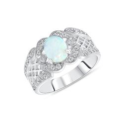 Silver 925 Rhodium Plated Cubic Zirconia & Opal Ring