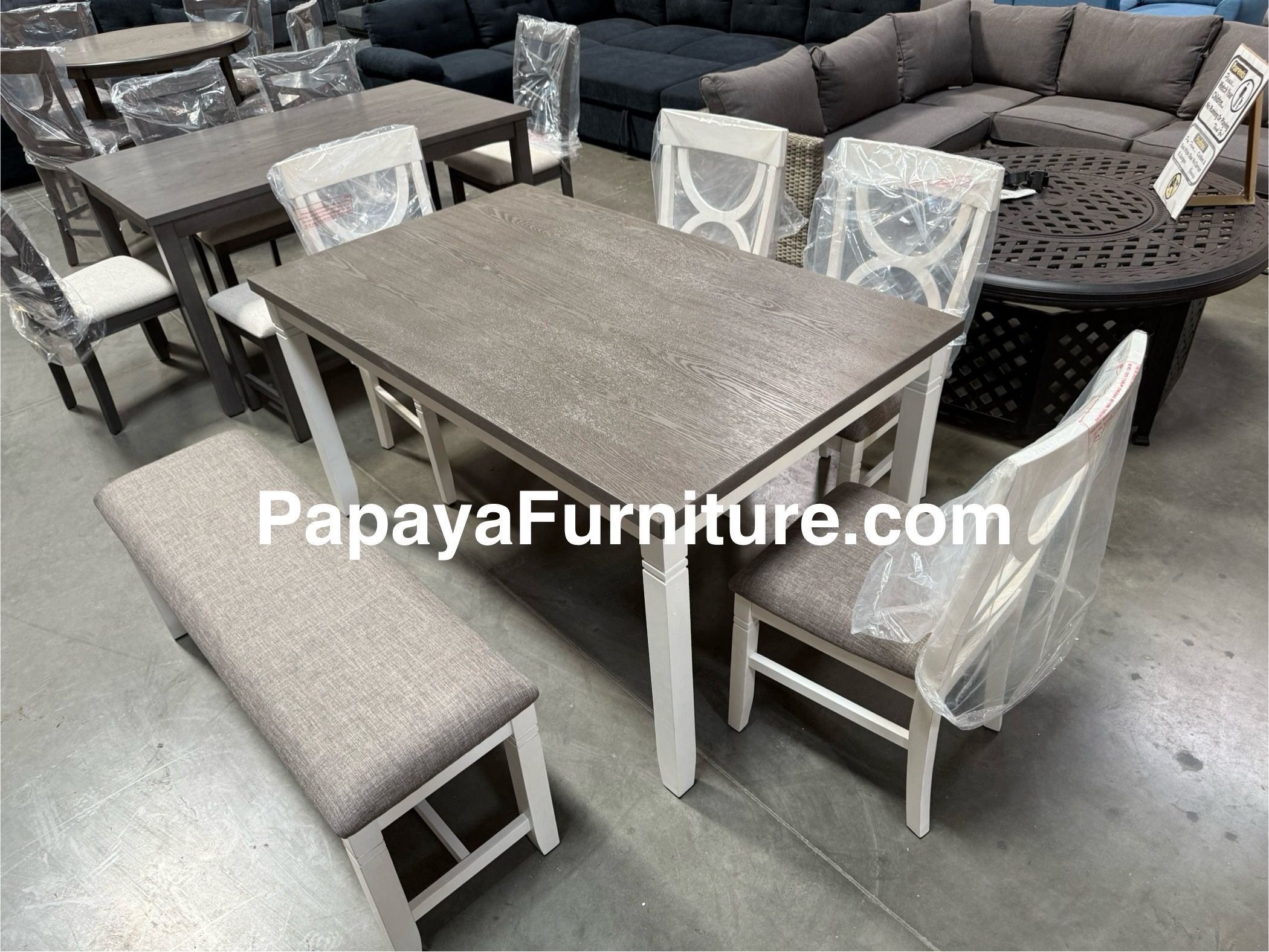 New! 6pcs Dining Set, Wooden Dining Set, Table And Chairs, Dinette Set, Table, Chairs, Bench, White Table, Farmhouse Dining Table, Casual Dining Set D