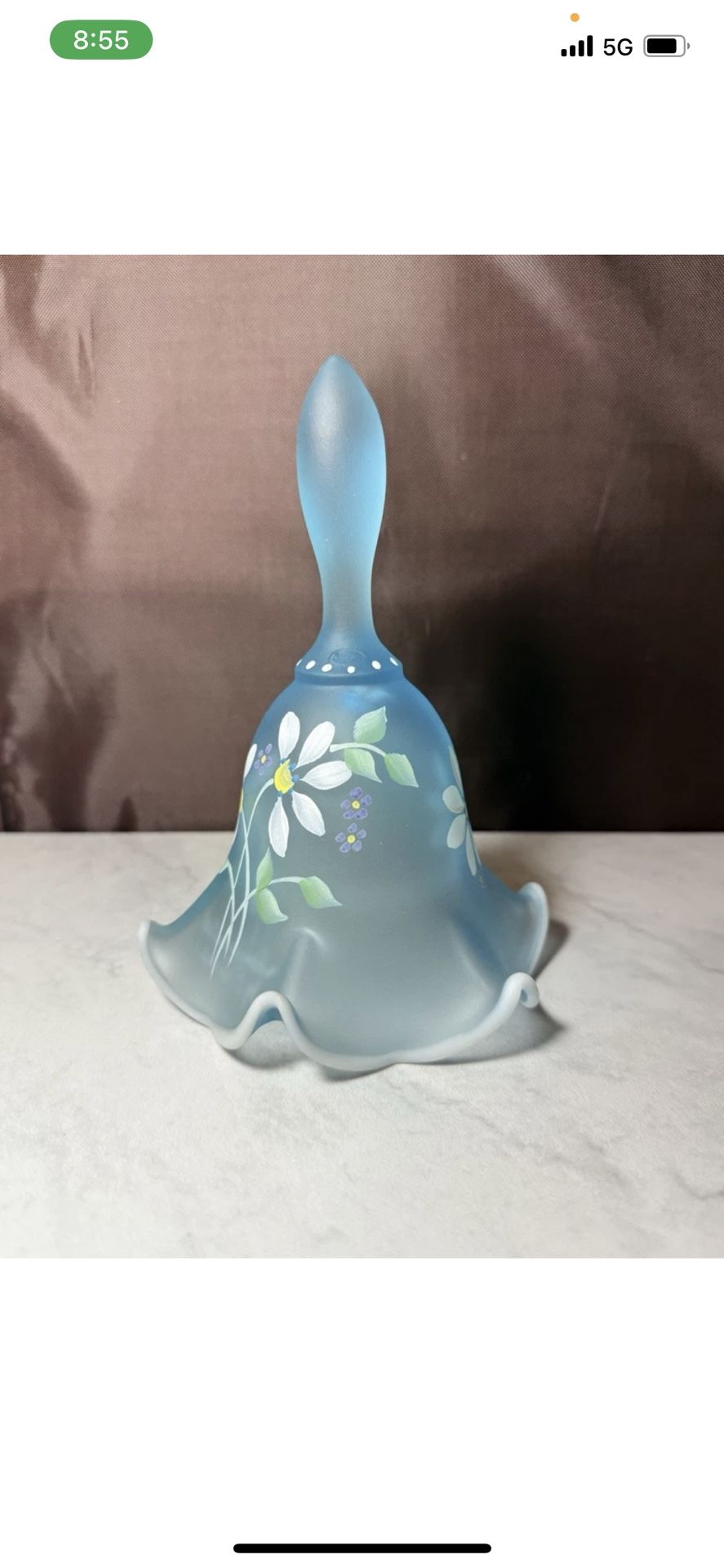 FENTON Blue Satin Opalescent White Ruffled Trim 6.75” Glass Bell Signed F. Enoch