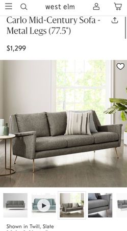 West Elm Carlo Mid-Century Modern 3-Seat Gray Sofa