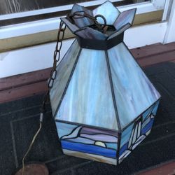 Tiffany Style Light With Whale Tail, Lighthouse And Sail Boats Nautical Theme