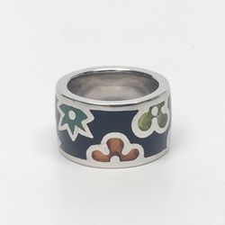 Alan K Designo Multi Color Enamel Flower Ring 925 Sterling Silver Size 6