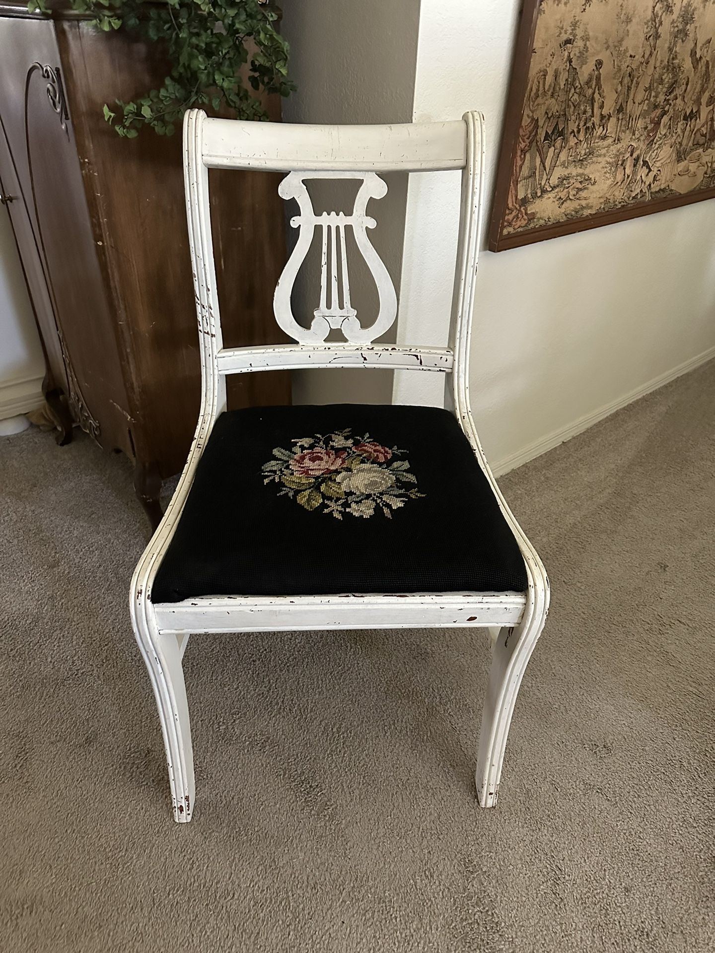 Vintage Antique Farmhouse Shabby Chic Needlepoint Musical Design Wood Chair