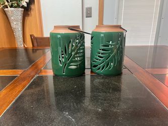 Set of 2 Tropical Leaf Ceramic Lanterns | Tea Light Candle Holders