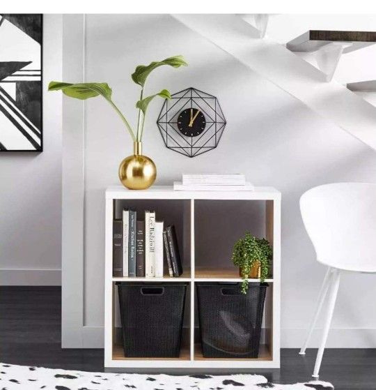 New In Box* Threshold 4 Cube Storage Organizer White with Wood Accents