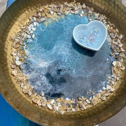 Decorative Gold Dish With Ocean Resin And Fire Glass 