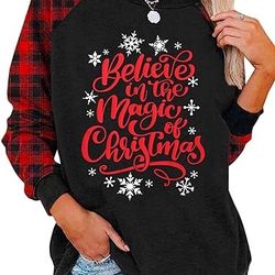 Believe Christmas T-Shirt Women Believe In The Magic Of Christmas Plaid Shirt Baseball Raglan Splicing Tee Tops XXL