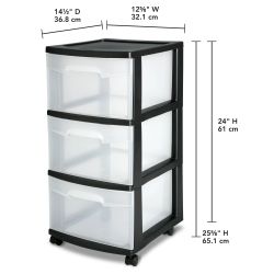 Sterilite 3 Drawer Plastic Cart, Black with Clear Drawers