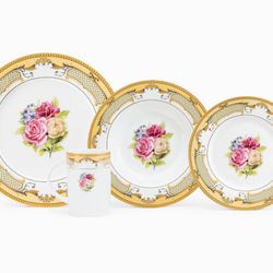 16 Piece Gold Floral Dinner Set - Service For 4 Person 