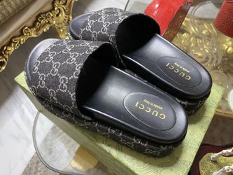 New Gucci Angelina Platform Sandal Black Jacquard Denim