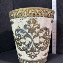 Vintage Italian Florentine Gilt White & Gold Tole Trash Can Bin Waste Basket