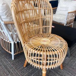 Modern Bohemian Natural Rattan Tall Lounge Chair, New