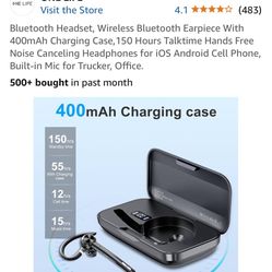 Bluetooth Headset, Wireless Bluetooth Earpiece With 400mAh Charging Case,150 Hours Talktime Hands Free Noise Canceling Headphones for iOS Android Cell