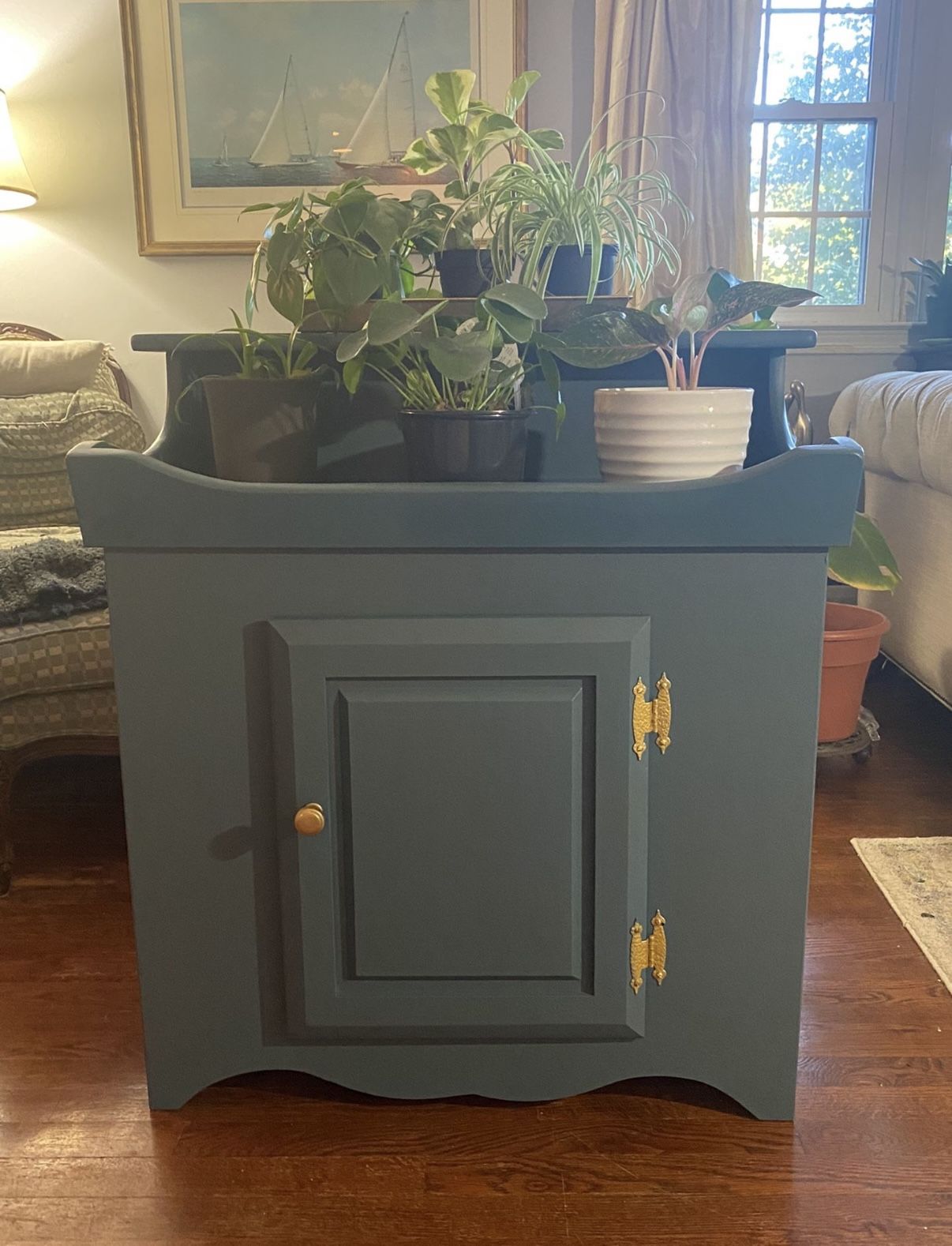 Painted Dry Sink. Bar Cart; Plant Stand