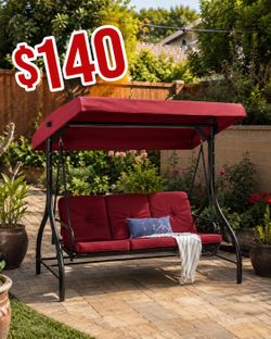 3-Seat Outdoor Converting Canopy Swing Glider Patio Hammock w/ Removable Cushions - Merlot Red