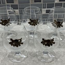  Set of five vintage brandy cognac glasses. Decorated with pewter Fox. Etain glasses. 