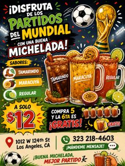 ¡Disfruta los partidos del Mundial con una deliciosa michelada! 🍺⚽
🥭 Sabores disponibles: • Tamarindo • Maracuyá • Regular
💲 ¡Solo $12 cada una!
🎉