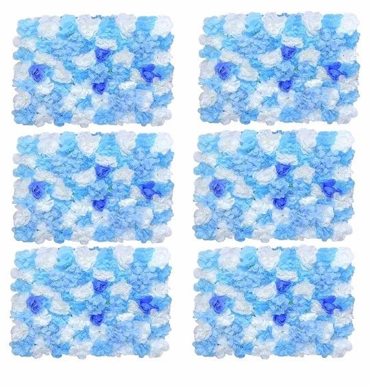 6 PCS Artificial Flowers Wall Panels 3D Blue&White Flower Wall Panel Romantic Silk Rose Flower Wall Backdrop for Wedding Party Bridal Baby Shower Phot