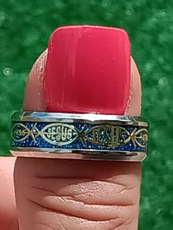 Religious Stainless Steel Gold & Blue Band Ring- Size 11