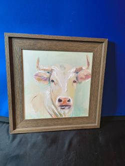 rustic abstract cow bull in neutral tans white blue and green farmhouse art print