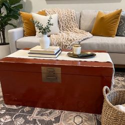 Vintage Mid-20th Century Chinese Red Lacquer Trunk / Blanket Chest – Brass Hardware