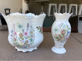 John Aynsley Wild Tudor  Planter/Jardinere and Floral Fluted Crown Top Vase Bone China, Made in England - Price for Both