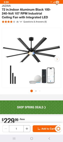 JAZAVA 72 in.Indoor Aluminum Black 100-240-Volt 107 RPM Industrial Ceiling Fan with Integrated LED and built-in Alexa and Speaker