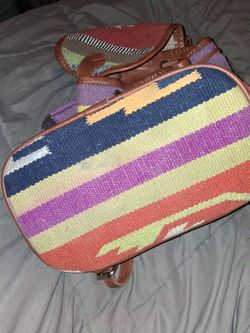 Large Boho Peruvian/Southwestern backpack. Woven wool & leather.