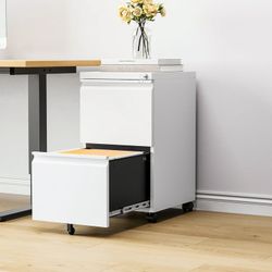 2 Drawer File Cabinet on Wheels, Home Office Mobile File Cabinet Under Desk with Lock, 2 Large Drawers for Legal/Letter/A4 Files(Unassembled,White)  