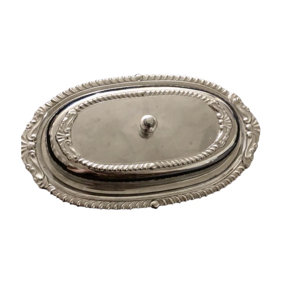 60s Vintage Danny Wilson Original Chrome Ornate Butter Dish w/ Glass Inlay