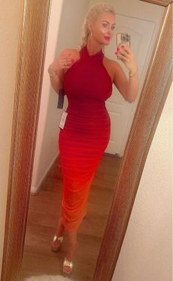 Orange mesh midi dress