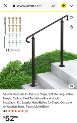 VEVOR Handrails for Outdoor Steps, 2-3 Step Adjustable Height, Carbon Steel Transitional Handrail with Installation Kit, Exterior Hand Railing for Ste