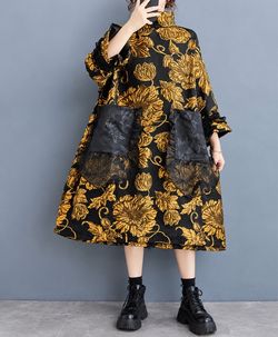 Black and Gold Floral Midi Dress