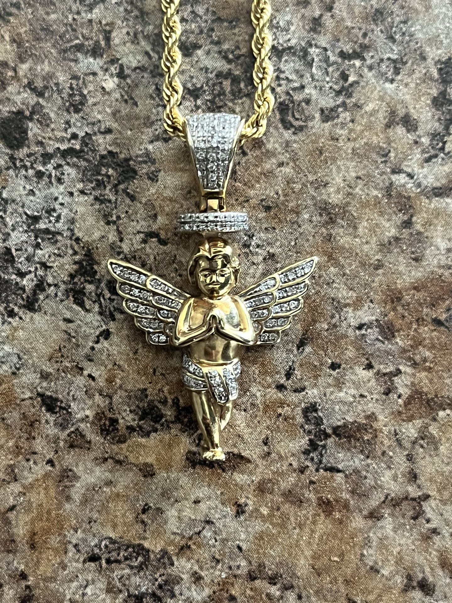 Gold Chain With Angel Pendant Charm 10k Real Diamonds