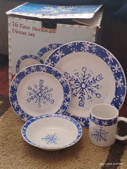 16Pc Vintage Snowflake Stoneware Dinner Set