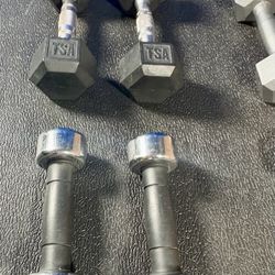Set of Hex Cast Iron Dumbbells ( light) 12#, 10#, 8# and 5 #   In total: 70 pounds.