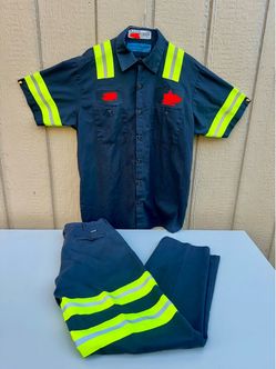 Men’s Cintas Comfort Flex Uniform 59935 Sz Large Shirt Blue N Gray Pants Sz 30 x 30 Hi-Visibility Stripes Set