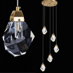 Dimmable Brass Gold Crystal Pendant Light - Modern 5-Light Diamond Chandelier for Kitchen Island, Dining Room, Hallway, and Bathroom