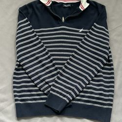 Nautica Quarter-Zip Striped Sweater – Navy, Size M