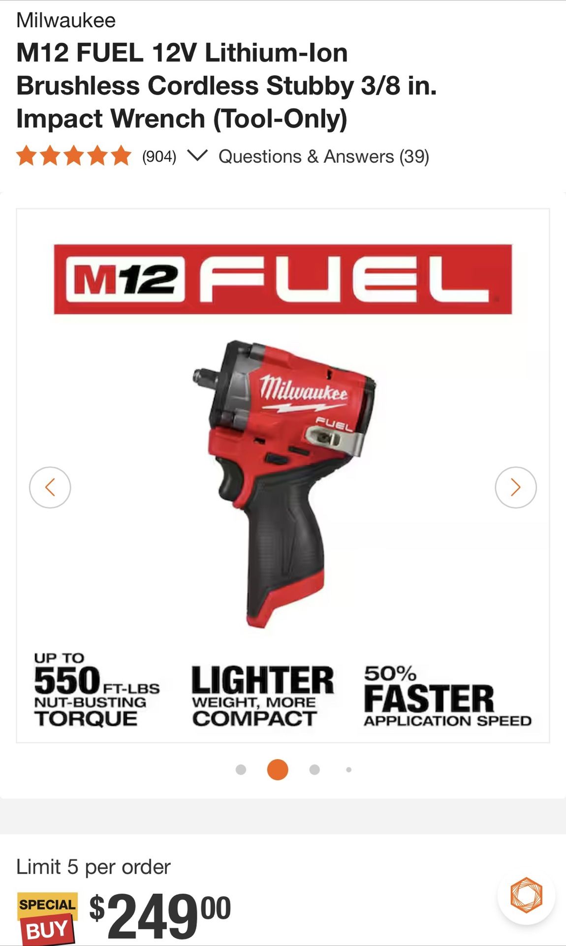 M12 FUEL 12V Lithium-Ion Brushless Cordless Stubby 3/8 in. Impact Wrench (Tool-Only)