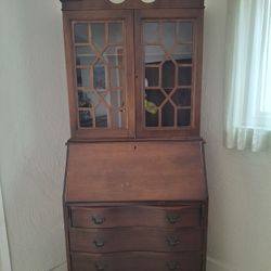 Vintage Wood Secretary Desk with Glass Hutch